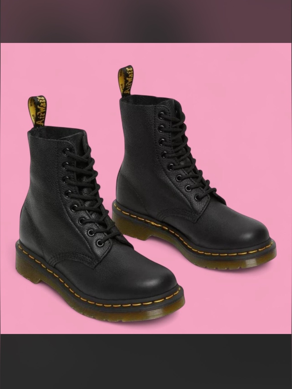 Dr. Martens Black Leather 8-Eye Lace-Up Combat Boots with Yellow Stitch
